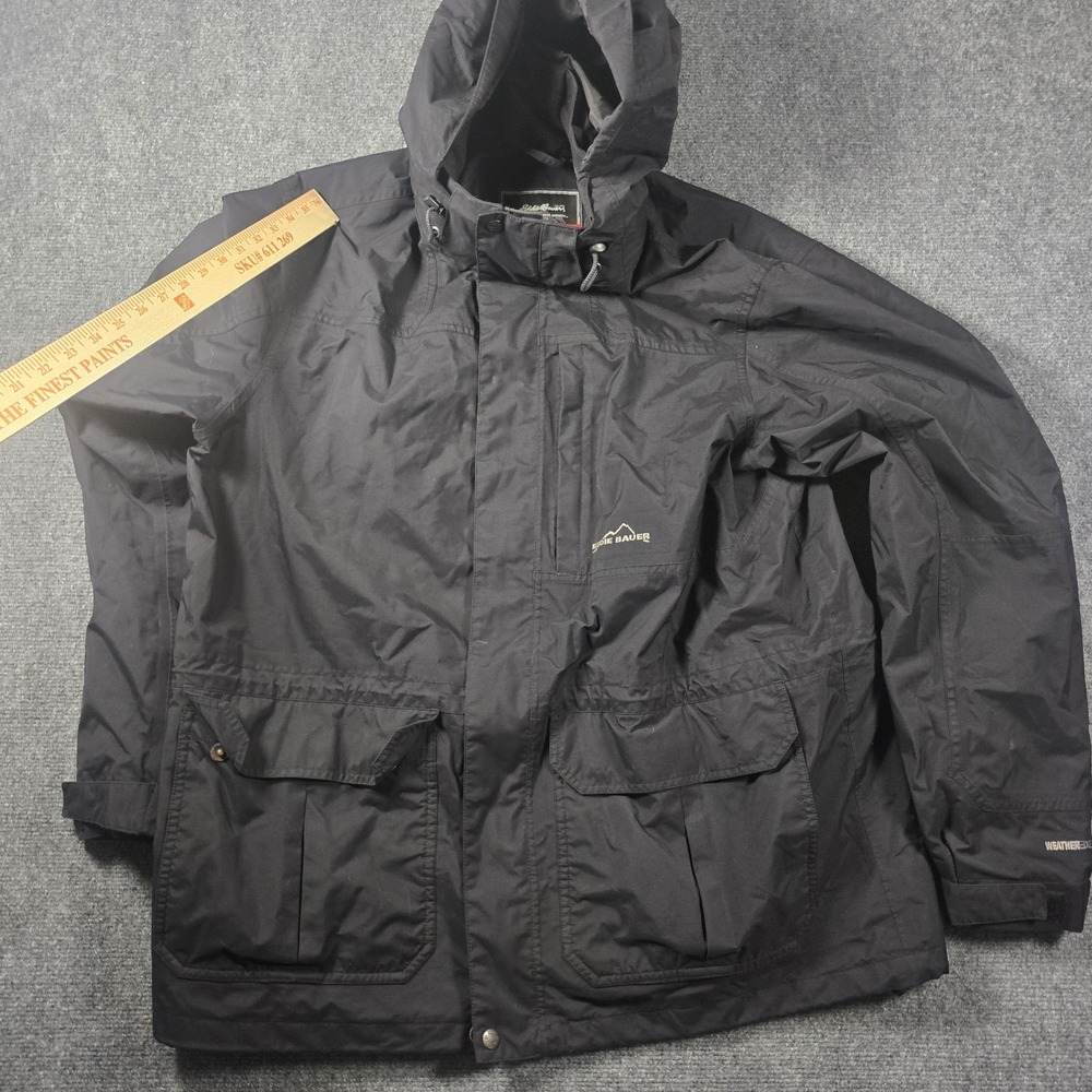 Eddie Bauer WeatherEdge Men's Hooded Rain Coat Jacket Mid-Length Black XL Work